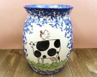 Molly Dallas Spatter Ware Blue & White Crock Jug Kitchen Utensil Holder with Cow Chicken