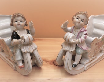 Pair of Planters Boy and Girl Figurine sitting on a Sleigh, Vintage Collectible