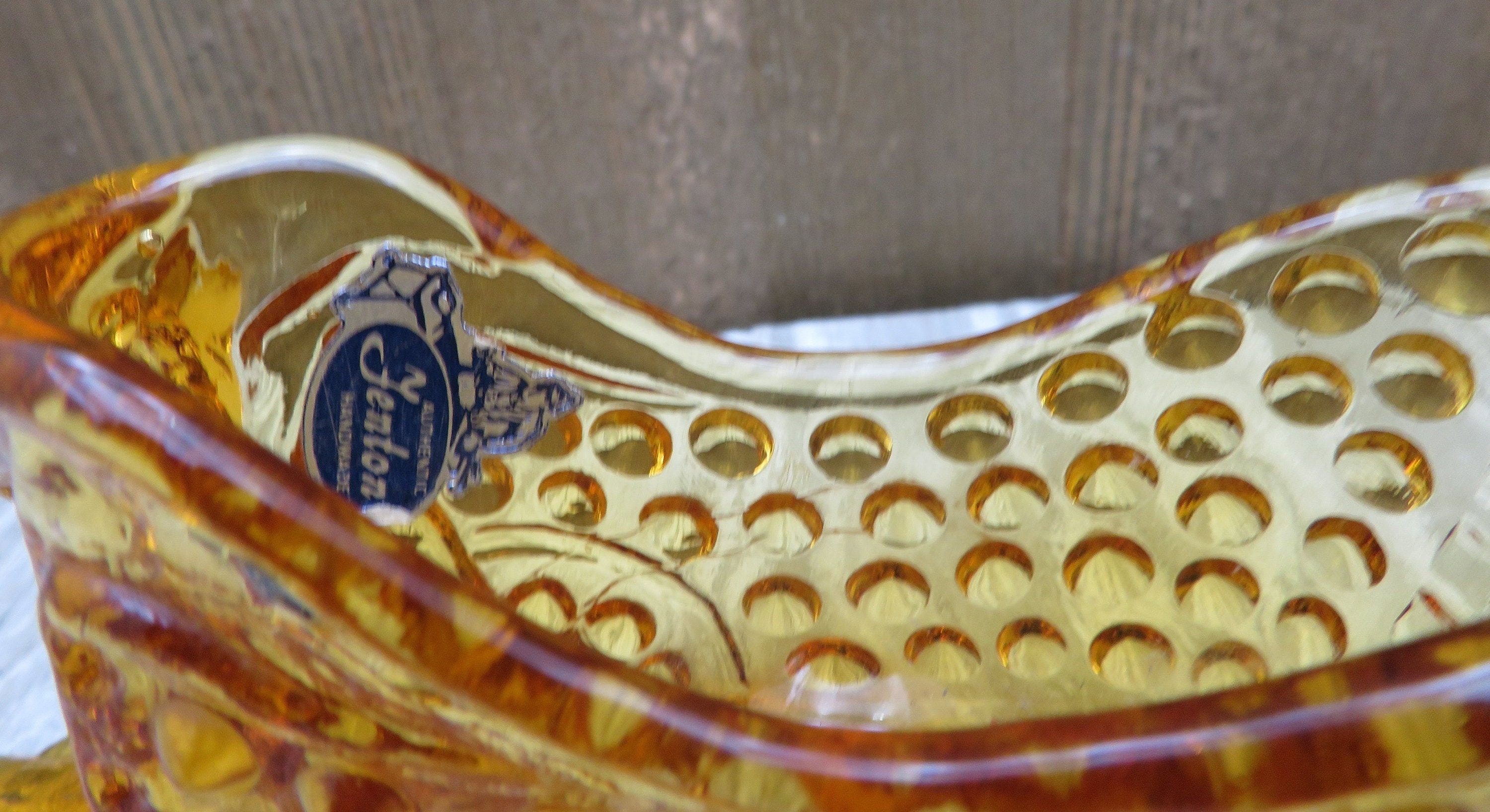 1950代製 FENTON フェントン キャットシューズ 靴 ホブネイル Vintage Fenton Glass Hobnail Slipper Amber Glass Shoe with