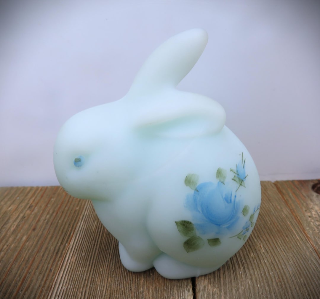 Fenton Art Glass Bunny Rabbit Blue Satin Hand Painted Blue Roses - Etsy