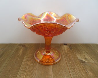 Vintage Imperial Marigold Carnival Glass Pedestal Bowl Starburst Star & File Pattern 1910-40