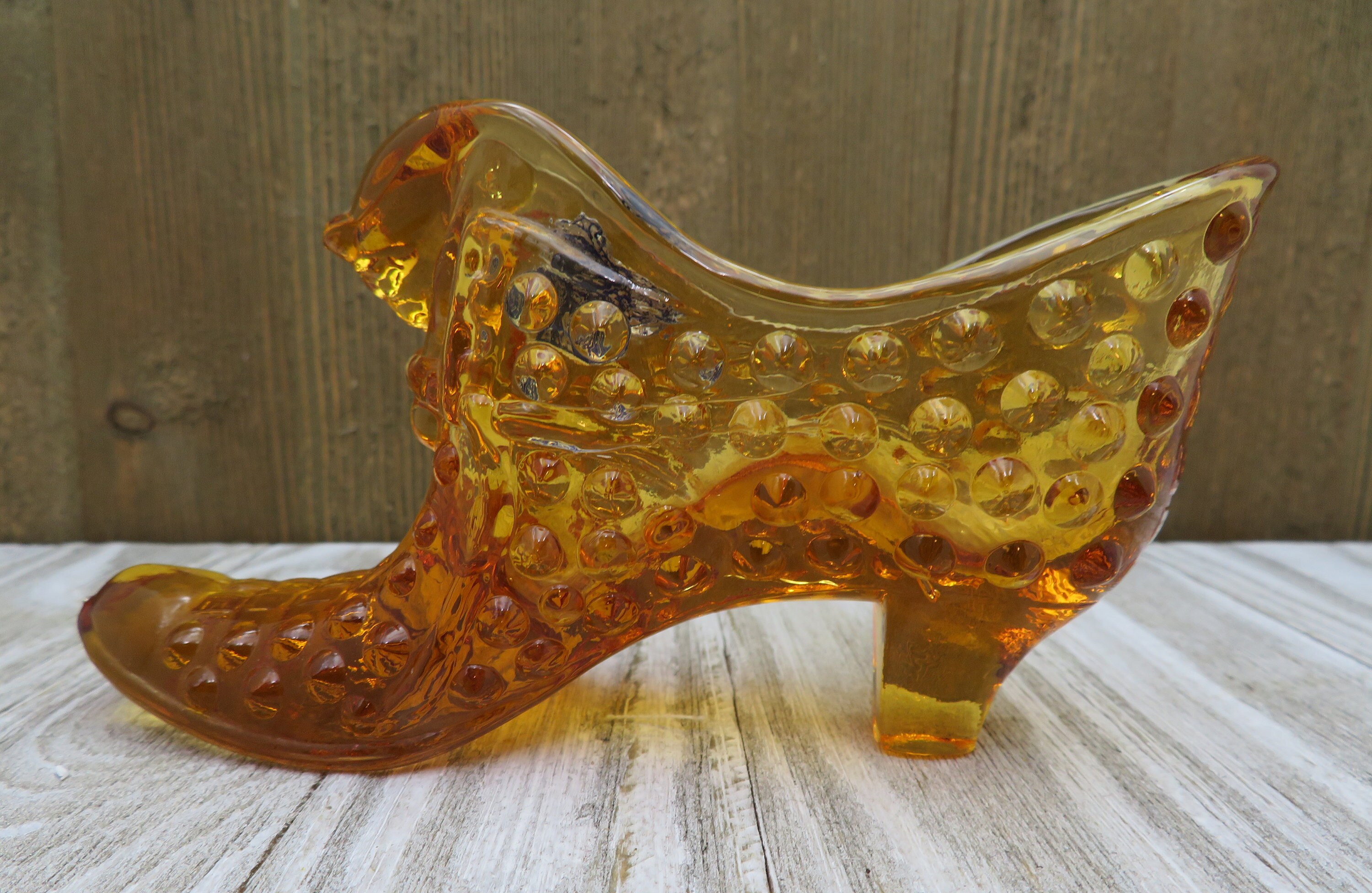 Vintage Hobnail Amber Glass Fenton Art Glass Slipper Shoe With Cat Head Etsy