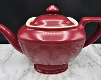 1930-40s Hall China Teapot Hollywood Shape Burgundy Standard with Lid