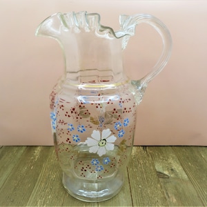 Clear Vintage Hand Painted Floral Flared, Ruffled and Pinched Rim Edge Blown Glass Pitcher Vase