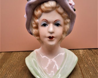 Lady Head Vase, 5" Tall, Made in China, Roses Accents on her Hat