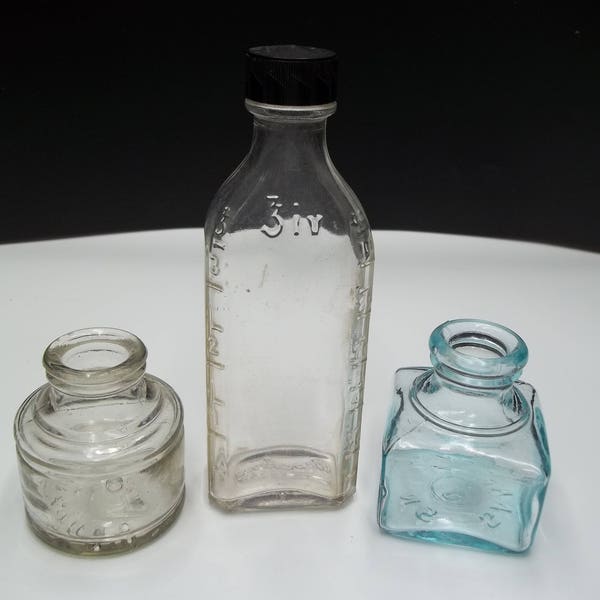 Vintage Set of 3, 1 Medicine bottle, 1 Round Inkwell and 1 Square Inkwell