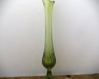 Avocado Green Glass Footed Swung Vase 11 3/4" Tall