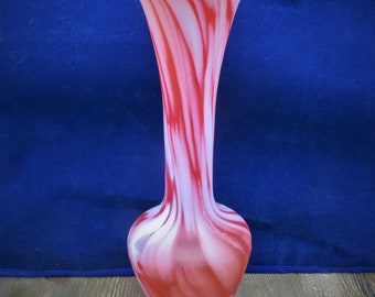 Red Orange Art Glass Vase with Red and White Swirl Stripes and Ruffled Edge 8" Vase