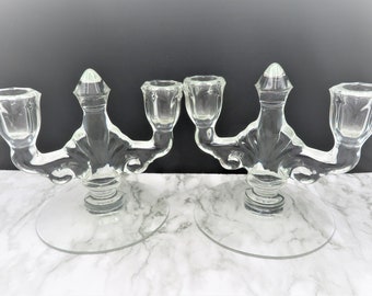 Vintage Art Deco Clear Glass Double Candlestick Holders