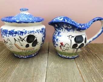 Hand painted Creamer & Sugar Bowl with LID Set Pig and Rooster