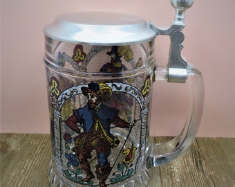 1960's 3 Musketeers W. Germany Rein Zinn BMF Pewter Lid Painted Glass Beer Stein