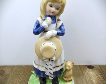 Vintage 1980s Porcelain Girl Figurine with Cat and Straw Hat, Hand Painted Ceramic Made in Korea