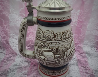 Vintage Avon Beer Stein: 1910 Stanley Steamer, 1936 MG