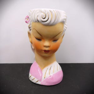 Vintage Pink Young Girl Head Vase Eyes Closed White with Gold Hair
