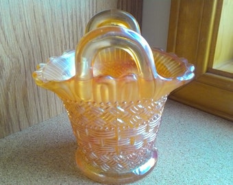 Vintage Carnival Glass Marigold Basket Weave Double Handled Basket