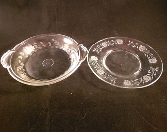 Small Floral Etched clear glass Handled Bowl and a Small Etched Plate