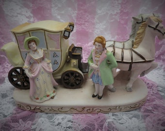 Vintage Japan Victorian Bisque Carriage Pulled By Horses 9 1/4" Long Figurine