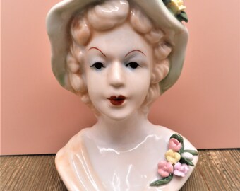 Lady Head Vase, 5" Tall, Made in China, Roses Accents on her Dress and Hat