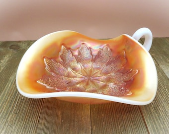 Dugan Leaf Marigold White Opalescent Carnival Glass Nappy Dish