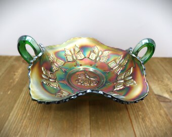 Fenton Green Carnival Glass Butterflies Two-Handled Bonbon Dish