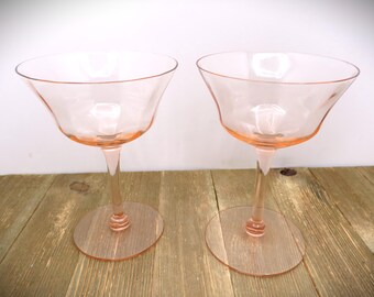 Vintage Pink Ribbed Optic  Set Of 2 Pink Depression Champagne Cocktail Glasses