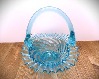 Vintage Fenton Swirled Blue Glass Basket Crimped Ruffled Edge Smooth Handle