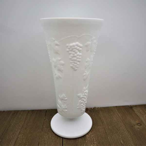 Vintage White Milk Glass Pedestal Vase Grape Leaf Pattern 9 3/4"Tall