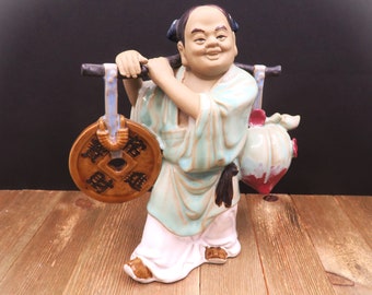 Mud Man Wanjiang Carrying Coin & Peach Symbol of Wealth and Good Luck Figurine Glazed Earthenware