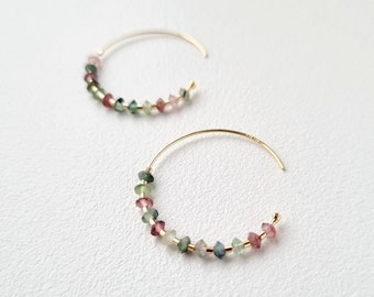 Tourmaline fine stone hoop earrings | Delicate fine jewelry with natural stones in Watermelon tourmaline | Tadaam Jewelry