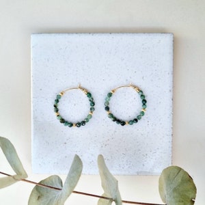 Emerald Hoops | Emerald and pearl earrings in 14k gold filled gold | Fine, delicate and minimalist jewel | Jewelry
