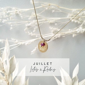 July Birth Flower & Birthstone Medal Necklace | Ruby & Lotus | Gold Gold filled 14k, water resistant. Tadaam
