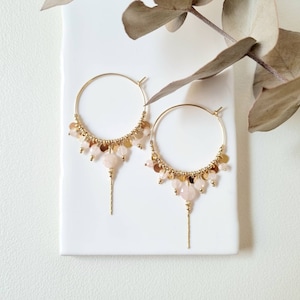 Bohemian hoop earrings with Morganite and gold sequins, dangling earrings | Jewelry to personalize | Tadaam Jewelry