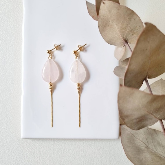 Pendientes colgantes largos con piedras naturales de cuarzo rosa Aretes  de oro llenos de oro de 14k Joyería Tadaam