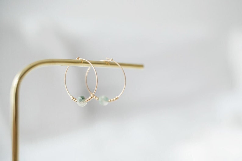 Natural fine stone hoop earrings Fine, delicate and minimalist jewelry Personalized jewelry, natural stones of your choice image 1