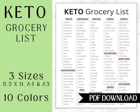 Keto Grocery List Printable | Low Carb Food | Grocery Shopping | Meal Planner | Keto Tracker | Weekly Menu Planner
