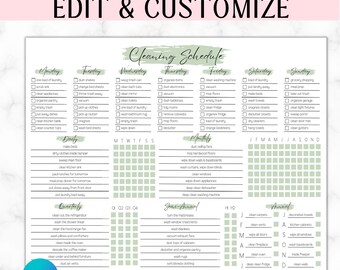 May include: A printable cleaning schedule template with the text CLEANING SCHEDULE EDIT & CUSTOMIZE at the top. The document features columns for each day of the week, daily, monthly, quarterly, semi-annual, and annual tasks with checkboxes.