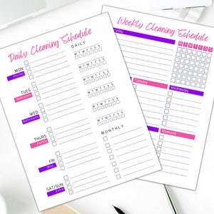 May include: A printable daily and weekly cleaning schedule checklist with checkboxes. The daily checklist includes categories like kitchen, bedrooms, bathrooms, family, misc., and extra. The weekly checklist includes days of the week and a weekend section.