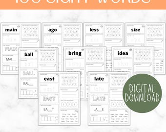 100 Printable Sight Words | Kindergarten Worksheets | Practice Spelling | Phonics | Homeschool | Kindergarten 1st Grade