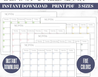 Blank Printable Calendar | Blank Calendar | Portrait | Instant Download | Printable Digital Download | Monthly Planner
