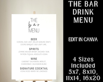 Editable Bar Menu Template | Signature Cocktails | Wedding Drink List | Reception Decor | Canva Printable