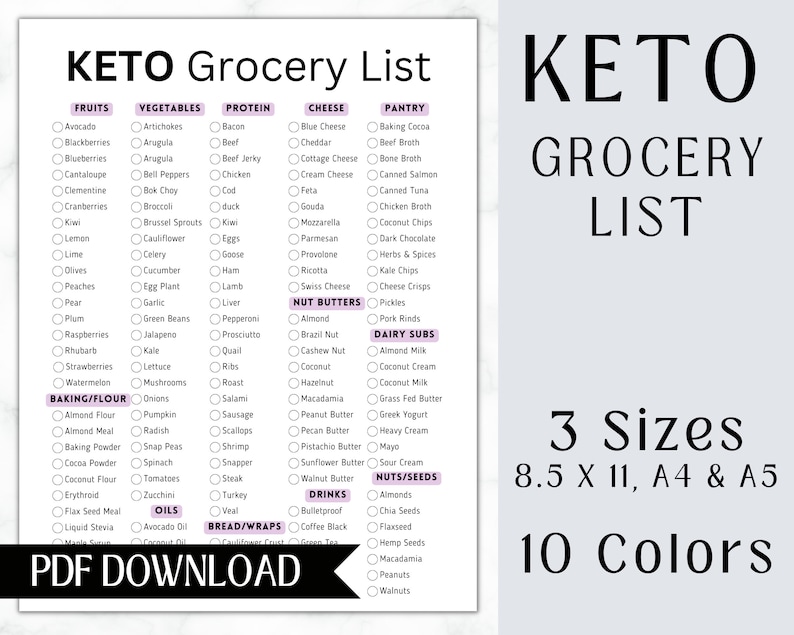 May include: A printable keto grocery list checklist with a pink and black color scheme. The list includes categories for fruits, vegetables, protein, cheese, pantry, nut butters, dairy subs, and nuts/seeds. The list is available in 3 sizes: 8.5 x 11, A4, and A5, and 10 colors. The text "PDF DOWNLOAD" is at the bottom of the page.