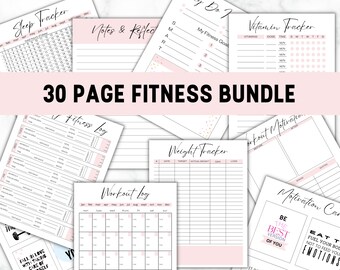 May include: A 30-page fitness bundle with printable trackers and motivational quotes. The bundle includes trackers for sleep, weight, workouts, vitamins, and fitness goals. The pages are designed with a pink and white color scheme.