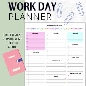 EDITABLE Work Planner | Work Day Organizer | Editable Daily Planner | Printable To Do List | Digital Schedule | Organizer