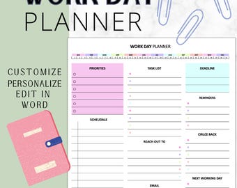 EDITABLE Work Planner | Work Day Organizer | Editable Daily Planner | Printable To Do List | Digital Schedule | Organizer