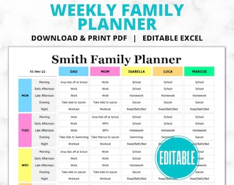 EDITABLE Daily Family Planner Schedule | Hourly Planner | Family Organizer | Datebook | Planning Aid | Download & Edit