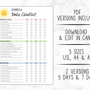 May include: A printable daily checklist for kids with a sun graphic and the name Isabella. The checklist includes sections for before school, after school, and before bed. The checklist is designed for 5 or 7 days of the week.