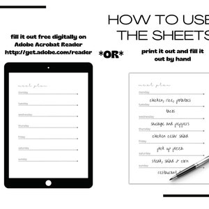 May include: A printable meal planner with a blank template and a filled-out example. The text on the page says "meal plan" and lists the days of the week. The filled-out example includes meals like "chicken, rice, potatoes" and "steak, salad & corn".