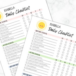 May include: A printable daily checklist for a child named Isabella. The checklist includes tasks for before and after school, and before bed. The checklist is designed to help children stay organized and on track.