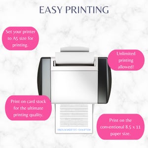 May include: A white and black printer with a paper sheet extending from the bottom. Text includes: EASY PRINTING, Set your printer to A5 size for printing, Unlimited printing allowed, Print on card stock, and Print on the conventional 8.5 x 11 paper size.