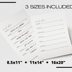 May include: Printable meal planner template in three sizes: 8.5x11 inches, 11x14 inches, and 16x20 inches. The template includes a blank meal plan with days of the week listed and lines for writing in meals.